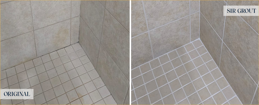 Shower Before and After a Superb Grout Recoloring in Tampa, FL