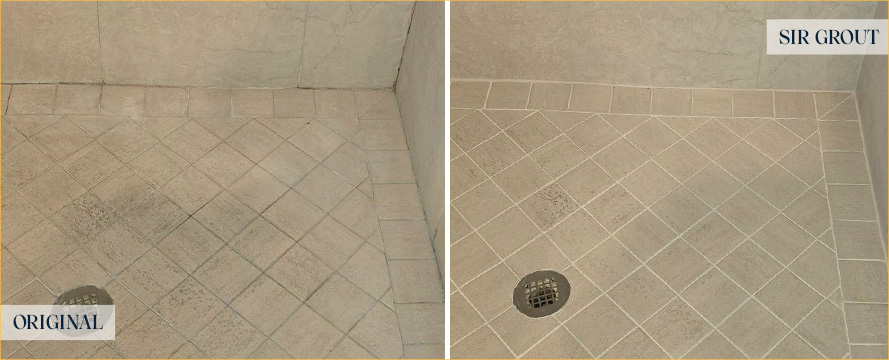 Shower Before and After a Flawless Grout Recoloring in Tampa, FL