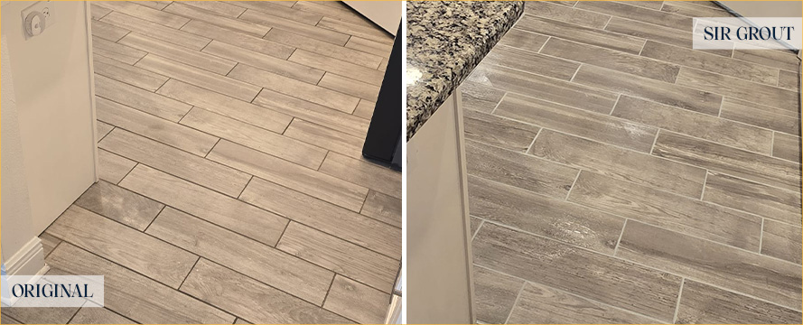 Kitchen Floor Before and After a Grout Recoloring in Tampa, FL