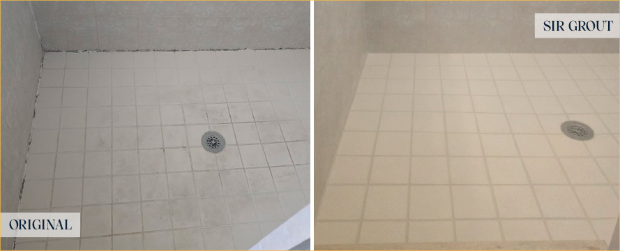 Close-up of Shower Floor Before and After a Service from Our Tile and Grout Cleaners in Tampa