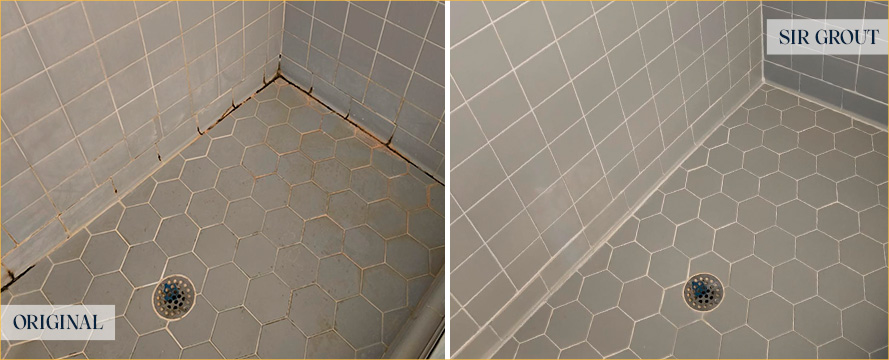 Shower Floor and Walls Before and After a Tile Cleaning in Wesley Chapel