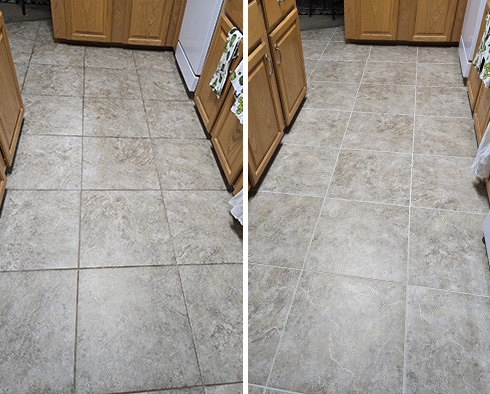 Kitchen Floor Before and After a Grout Recoloring in St. Petersburg, FL