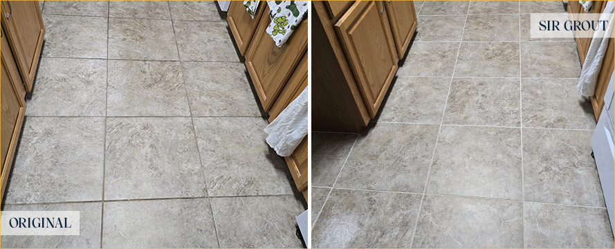 Kitchen Floor Before and After a Flawless Grout Recoloring in St. Petersburg, FL